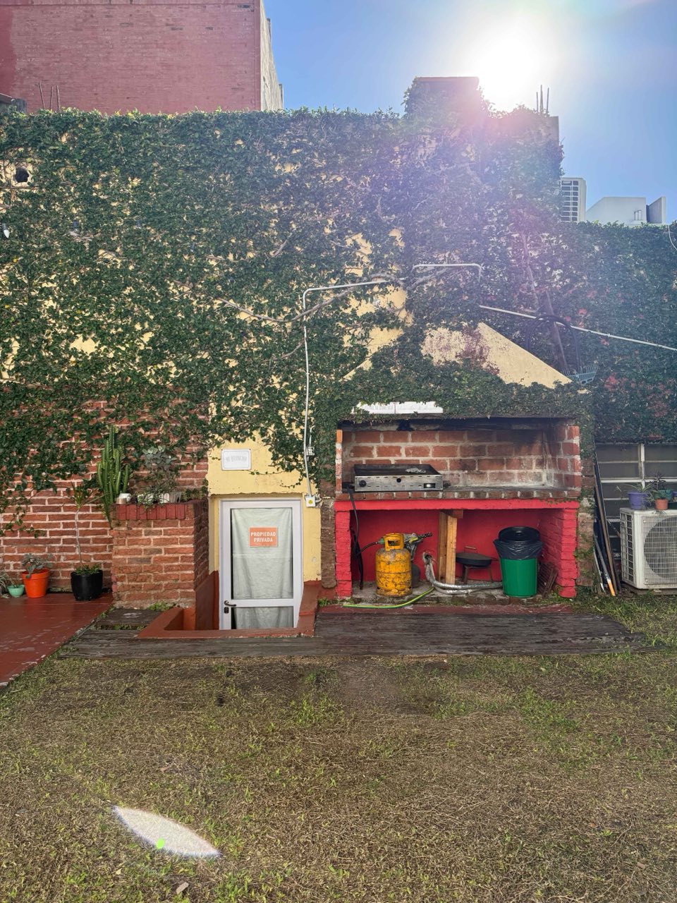 Asador de ladrillo en el patio, con pared cubierta de enredadera