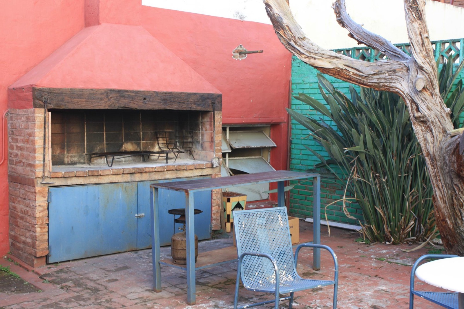 Patio con asador de ladrillo y parrilla, entre plantas